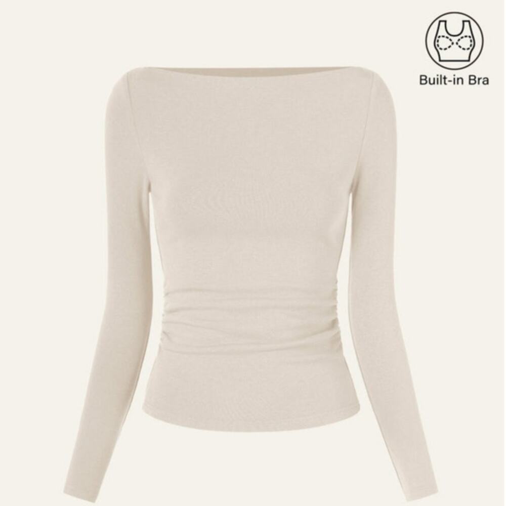 OGL Eco-Mousse Ruched Side Top Built-In Bra Cream Long Sleeve Tee Women XS